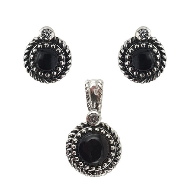 Set argint Ina, cercei si pandantiv, cu onix negru