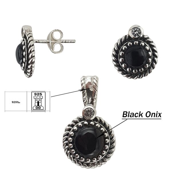 Set argint Ina, cercei si pandantiv, cu onix negru