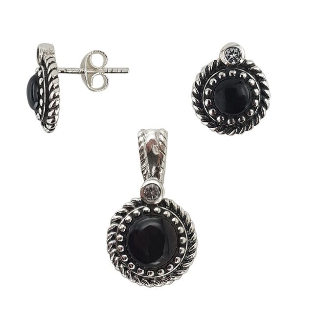 Set argint Ina, cercei si pandantiv, cu onix negru