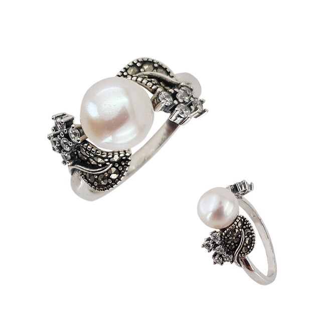 Inel argint cu perla, marcasite si zirconii albe, marime 54