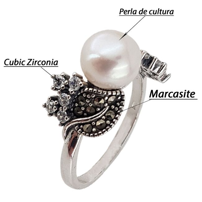 Inel argint cu perla, marcasite si zirconii albe, marime 54
