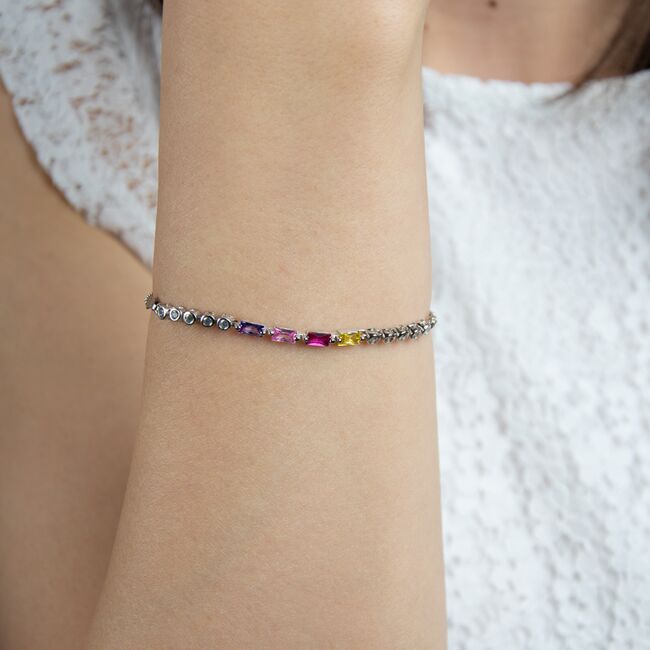 Bratara argint lant dublu si zirconii colorate