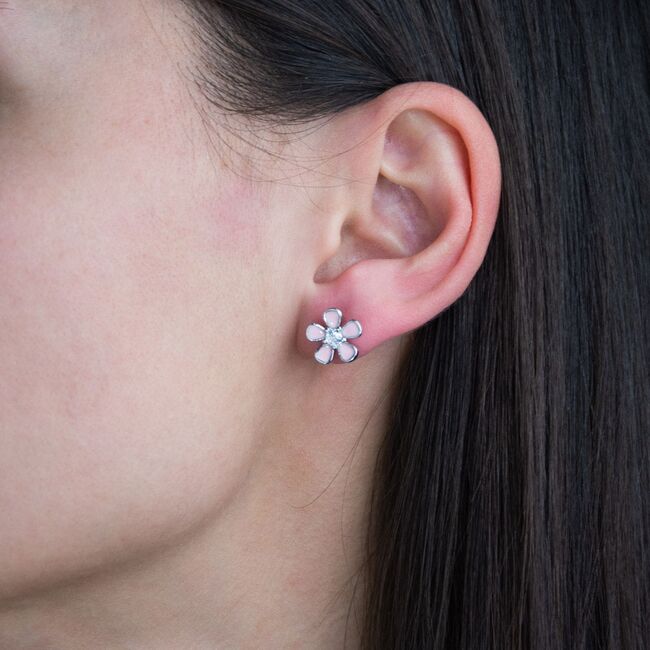 Cercei argint copii floare cu email roz