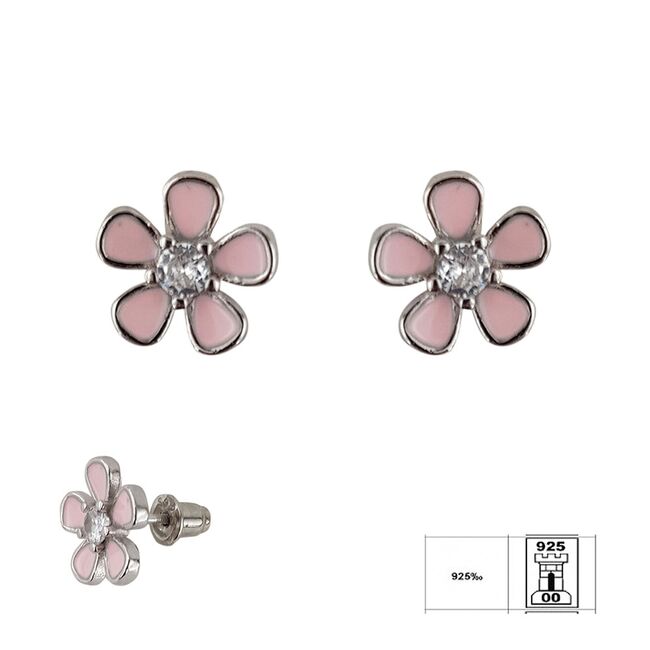 Cercei argint copii floare cu email roz