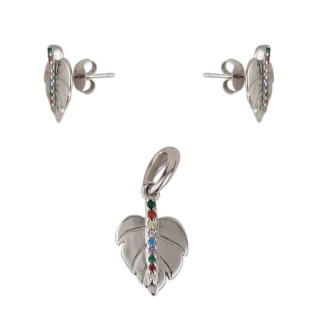 Set argint frunze cu zirconii colorate  Feuilles