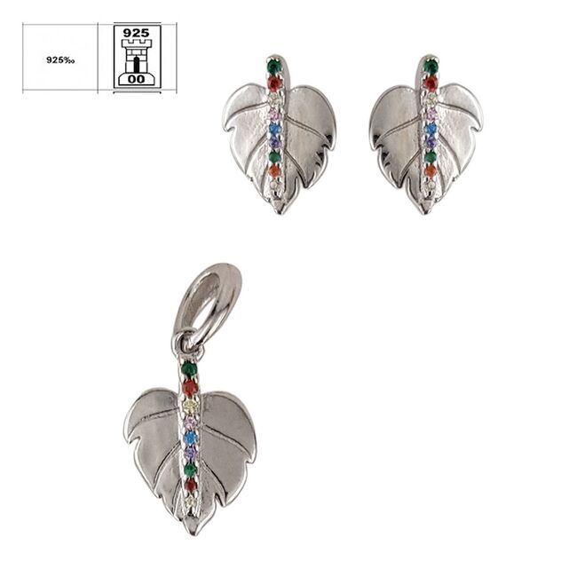 Set argint frunze cu zirconii colorate  Feuilles