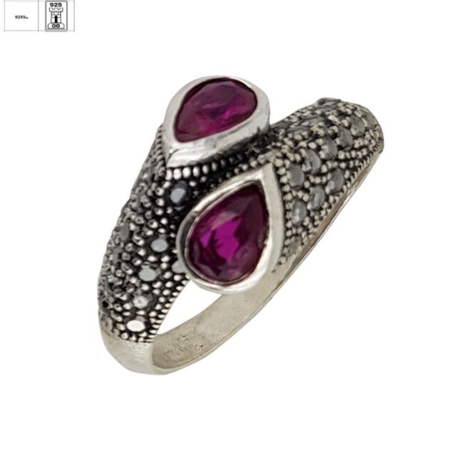 Inel argint elegant hematite Duo fucsia